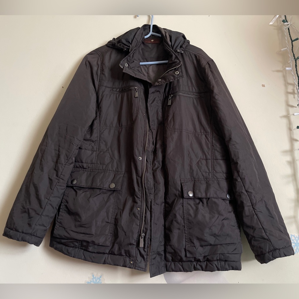 Sz M Toscano Men Field Jacket With Hide Away Rain Hood, Dark Brown